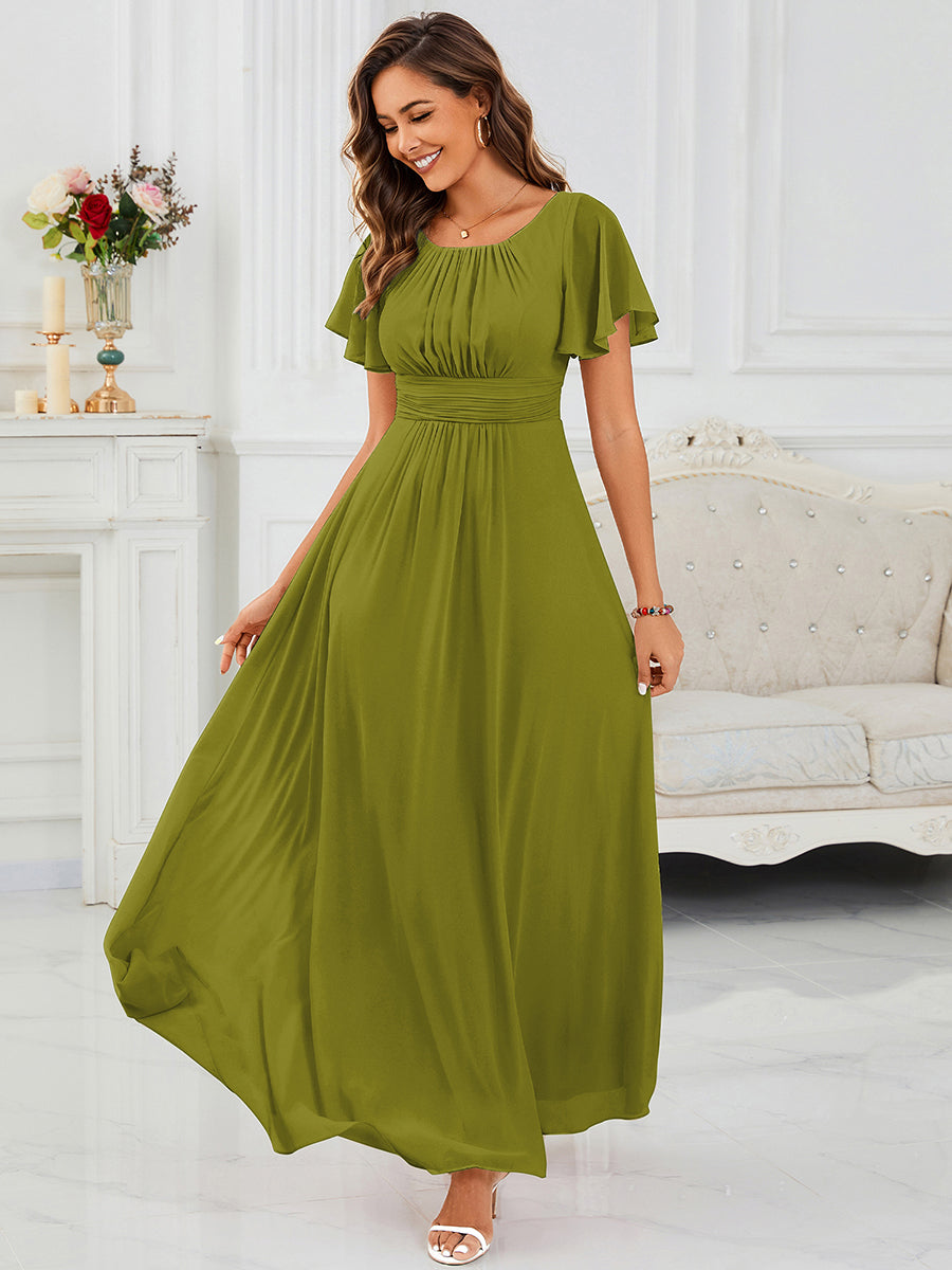 Bodenlanger A-Linien Chiffonkleid Mit Falten Und Rüschen Details Rundhals #Farbe_Zitrone