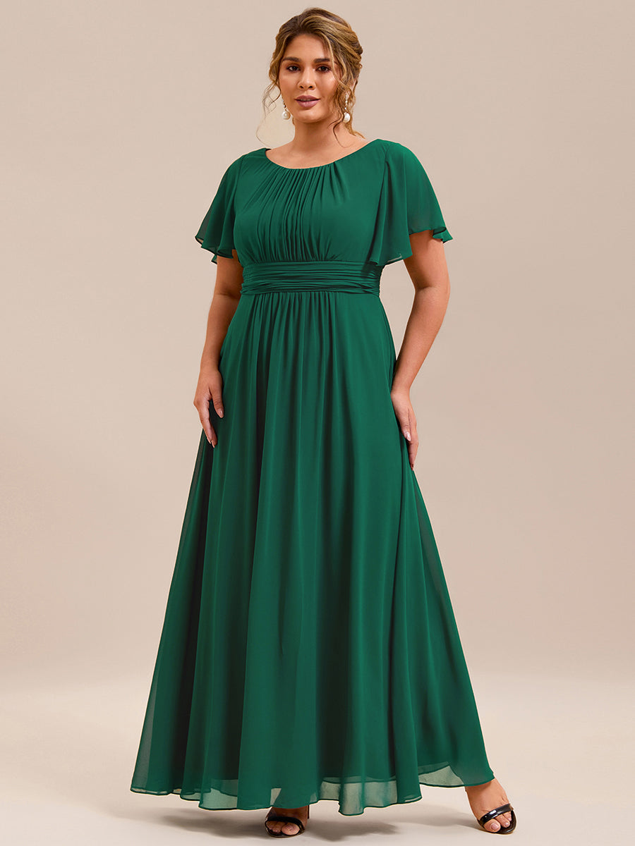 Bodenlanger A-Linien Chiffonkleid Mit Falten Und Rüschen Details Rundhals #Farbe_Dunkelgrün