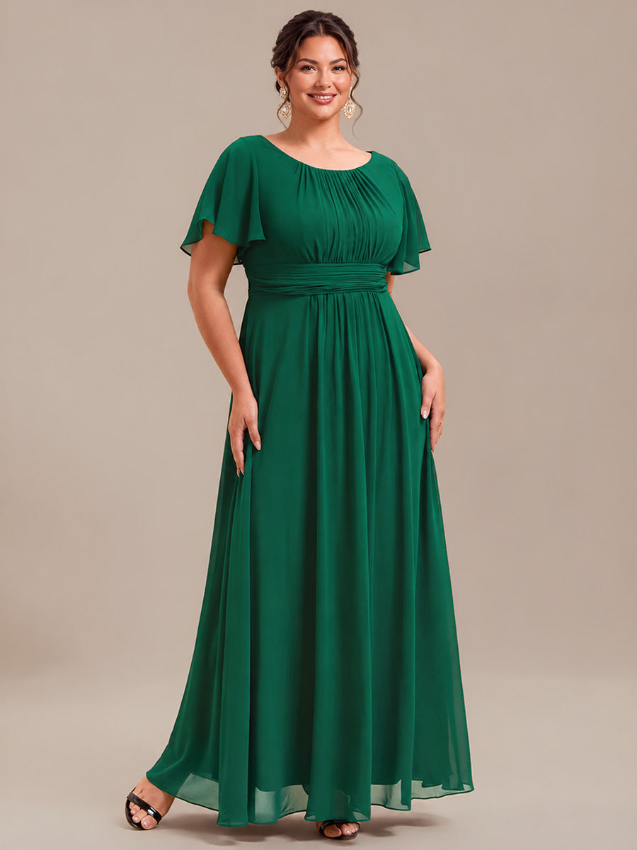 Bodenlanger A-Linien Chiffonkleid Mit Falten Und Rüschen Details Rundhals #Farbe_Dunkelgrün