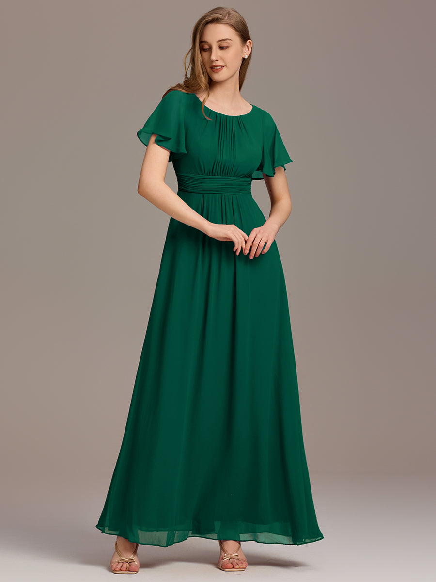 Bodenlanger A-Linien Chiffonkleid Mit Falten Und Rüschen Details Rundhals #Farbe_Dunkelgrün