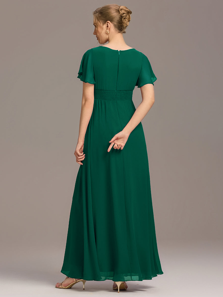 Bodenlanger A-Linien Chiffonkleid Mit Falten Und Rüschen Details Rundhals #Farbe_Dunkelgrün