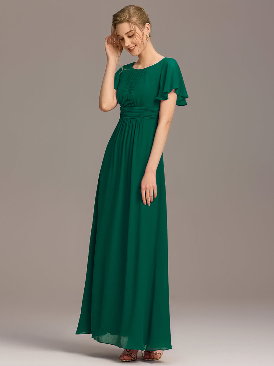 Bodenlanger A-Linien Chiffonkleid Mit Falten Und Rüschen Details Rundhals #Farbe_Dunkelgrün