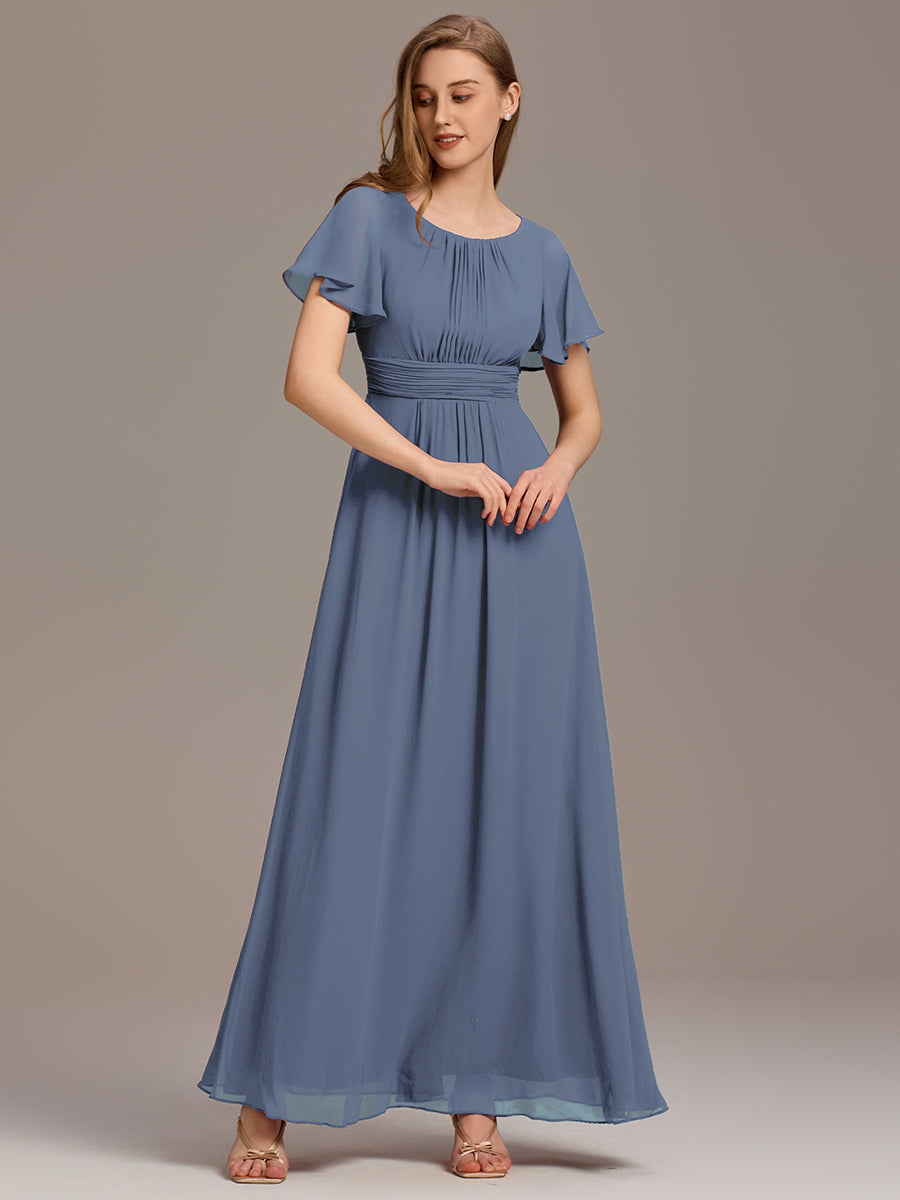 Bodenlanger A-Linien Chiffonkleid Mit Falten Und Rüschen Details Rundhals #Farbe_Taubenblau