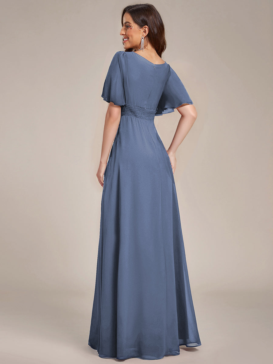 Bodenlanger A-Linien Chiffonkleid Mit Falten Und Rüschen Details Rundhals #Farbe_Taubenblau