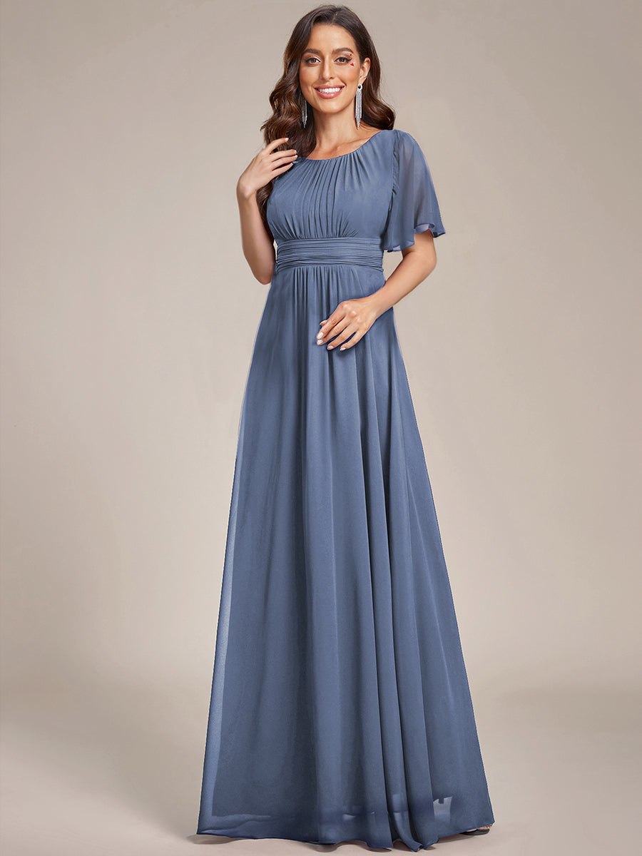 Bodenlanger A-Linien Chiffonkleid Mit Falten Und Rüschen Details Rundhals #Farbe_Taubenblau
