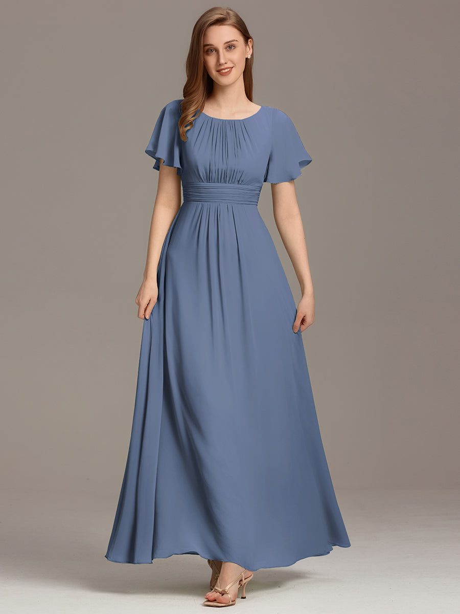 Bodenlanger A-Linien Chiffonkleid Mit Falten Und Rüschen Details Rundhals #Farbe_Taubenblau