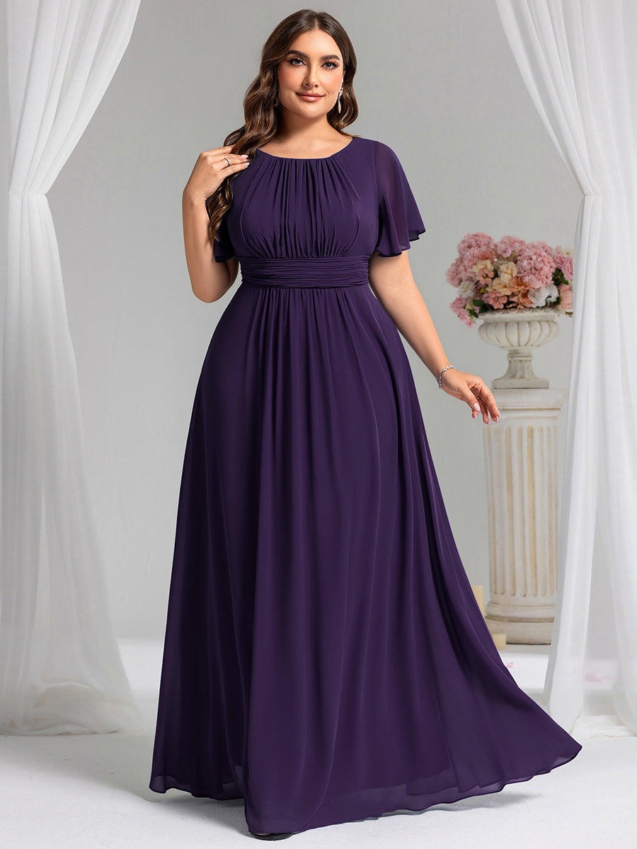 Bodenlanger A-Linien Chiffonkleid Mit Falten Und Rüschen Details Rundhals #Farbe_Dunkelviolett