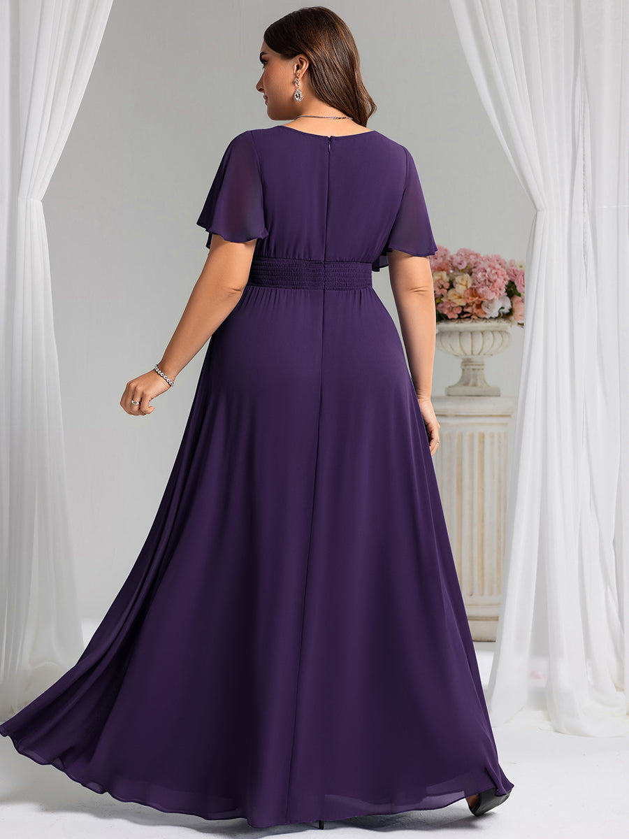 Bodenlanger A-Linien Chiffonkleid Mit Falten Und Rüschen Details Rundhals #Farbe_Dunkelviolett