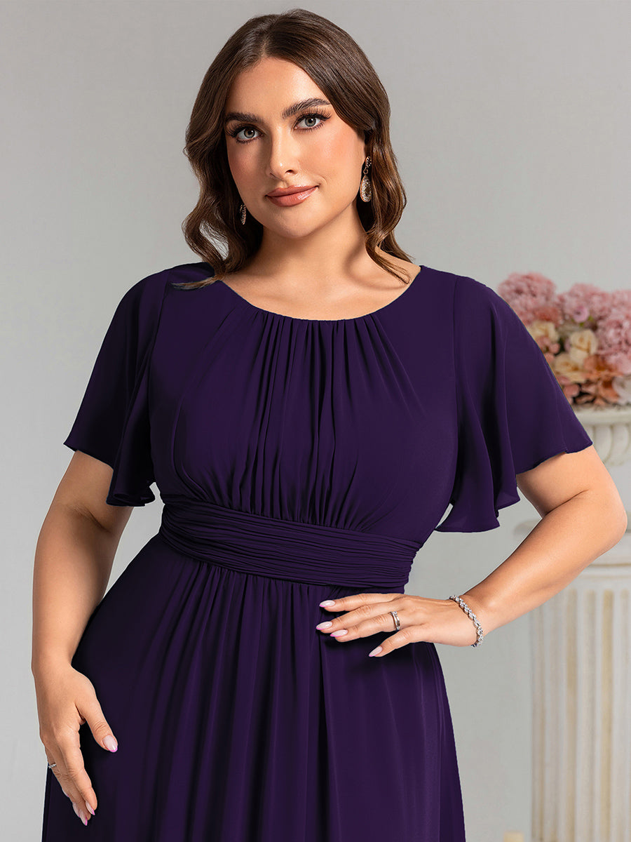 Bodenlanger A-Linien Chiffonkleid Mit Falten Und Rüschen Details Rundhals #Farbe_Dunkelviolett
