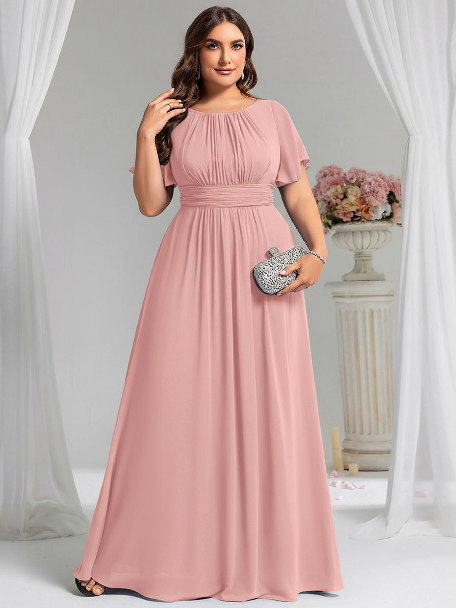Bodenlanger A-Linien Chiffonkleid Mit Falten Und Rüschen Details Rundhals #Farbe_Altrosa