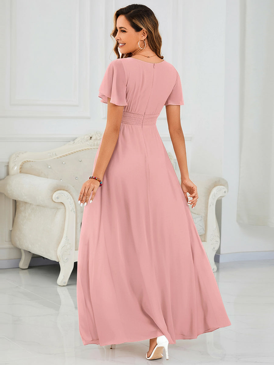 Bodenlanger A-Linien Chiffonkleid Mit Falten Und Rüschen Details Rundhals #Farbe_Altrosa