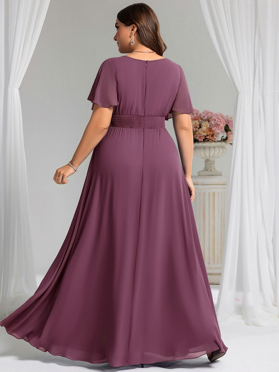 Bodenlanger A-Linien Chiffonkleid Mit Falten Und Rüschen Details Rundhals #Farbe_Pflaumenviolett
