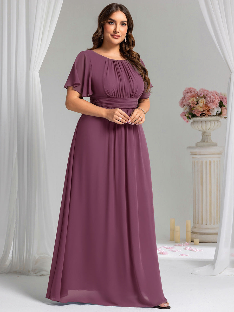 Bodenlanger A-Linien Chiffonkleid Mit Falten Und Rüschen Details Rundhals #Farbe_Pflaumenviolett