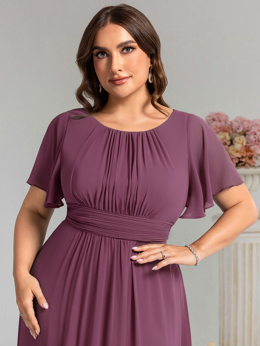 Bodenlanger A-Linien Chiffonkleid Mit Falten Und Rüschen Details Rundhals #Farbe_Pflaumenviolett