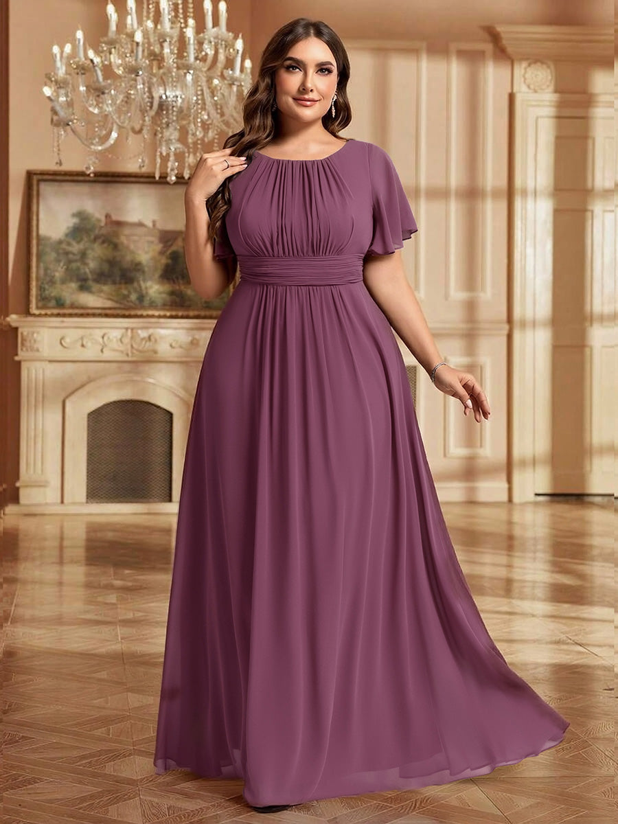 Bodenlanger A-Linien Chiffonkleid Mit Falten Und Rüschen Details Rundhals #Farbe_Pflaumenviolett
