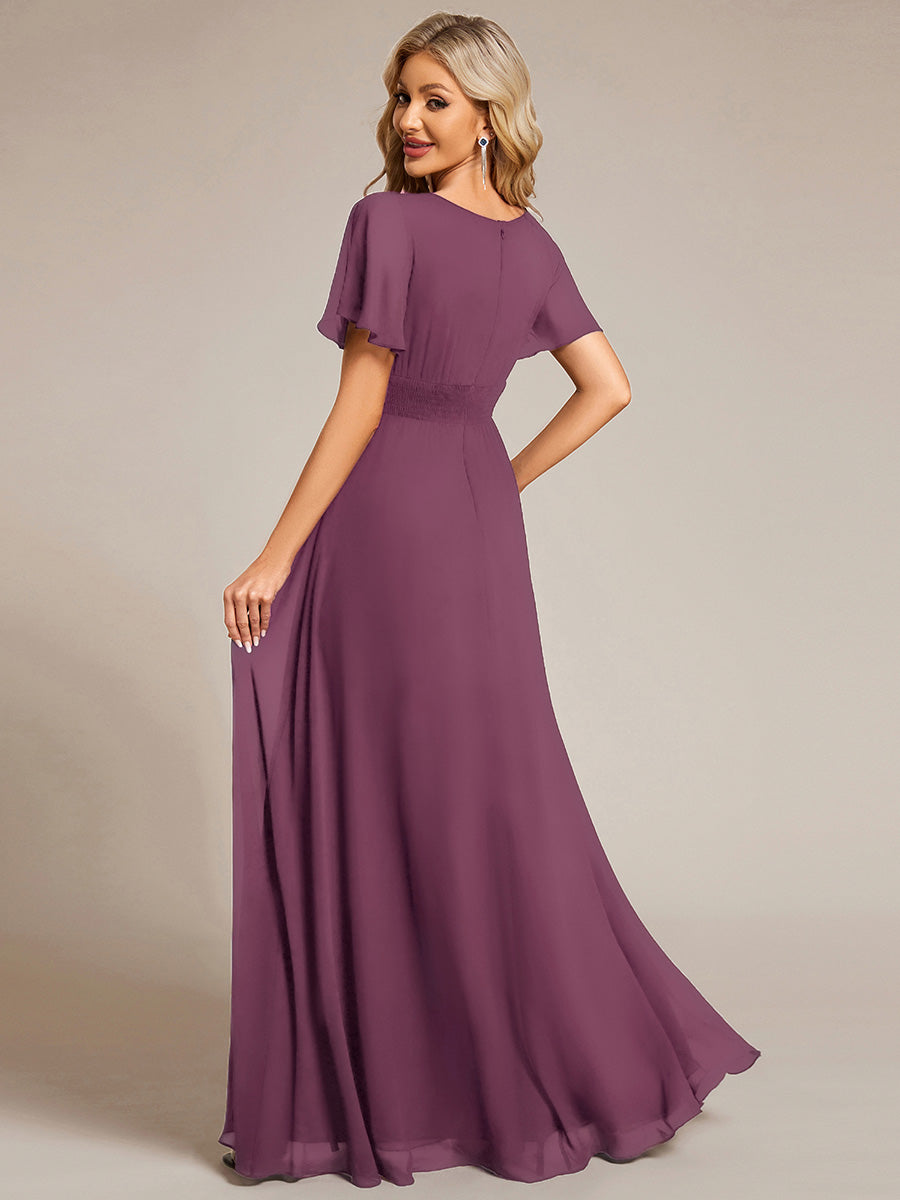 Bodenlanger A-Linien Chiffonkleid Mit Falten Und Rüschen Details Rundhals #Farbe_Pflaumenviolett