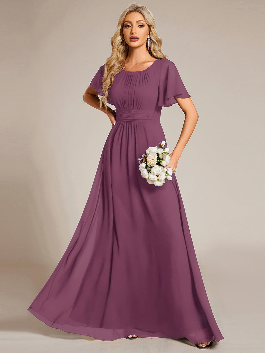 Bodenlanger A-Linien Chiffonkleid Mit Falten Und Rüschen Details Rundhals #Farbe_Pflaumenviolett