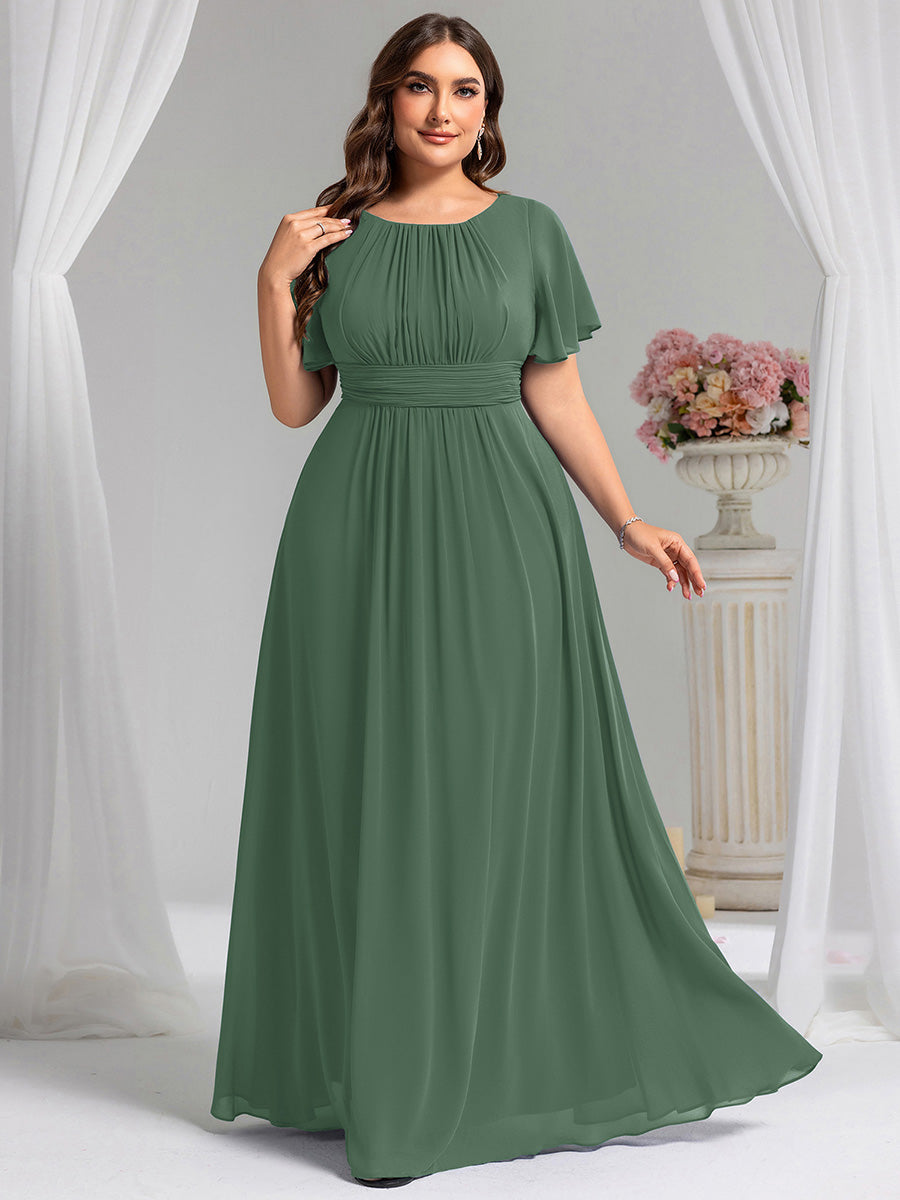 Bodenlanger A-Linien Chiffonkleid Mit Falten Und Rüschen Details Rundhals #Farbe_Eukalyptus