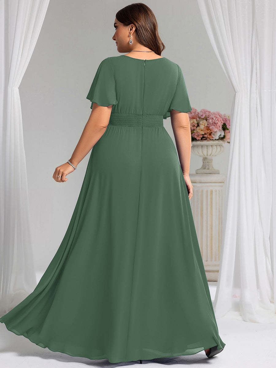 Bodenlanger A-Linien Chiffonkleid Mit Falten Und Rüschen Details Rundhals #Farbe_Eukalyptus