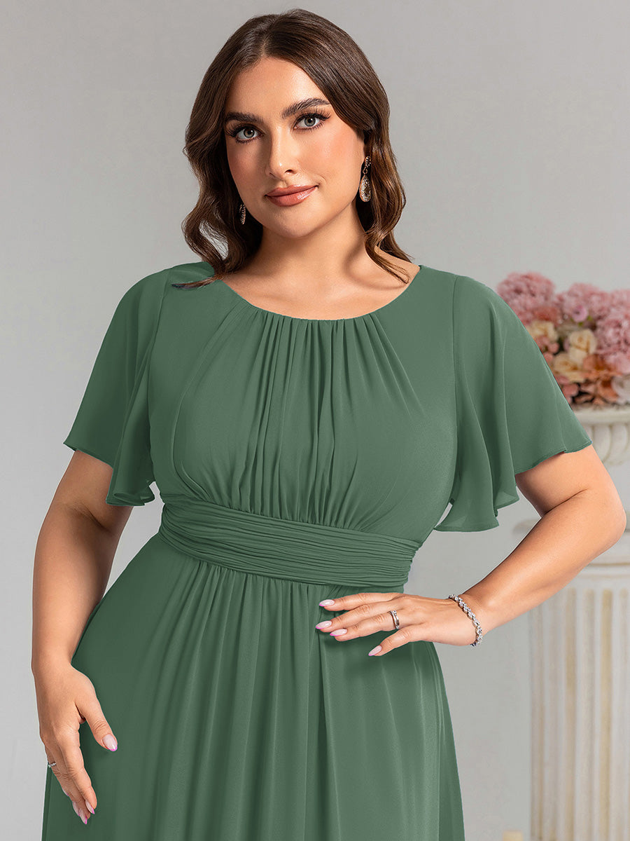 Bodenlanger A-Linien Chiffonkleid Mit Falten Und Rüschen Details Rundhals #Farbe_Eukalyptus