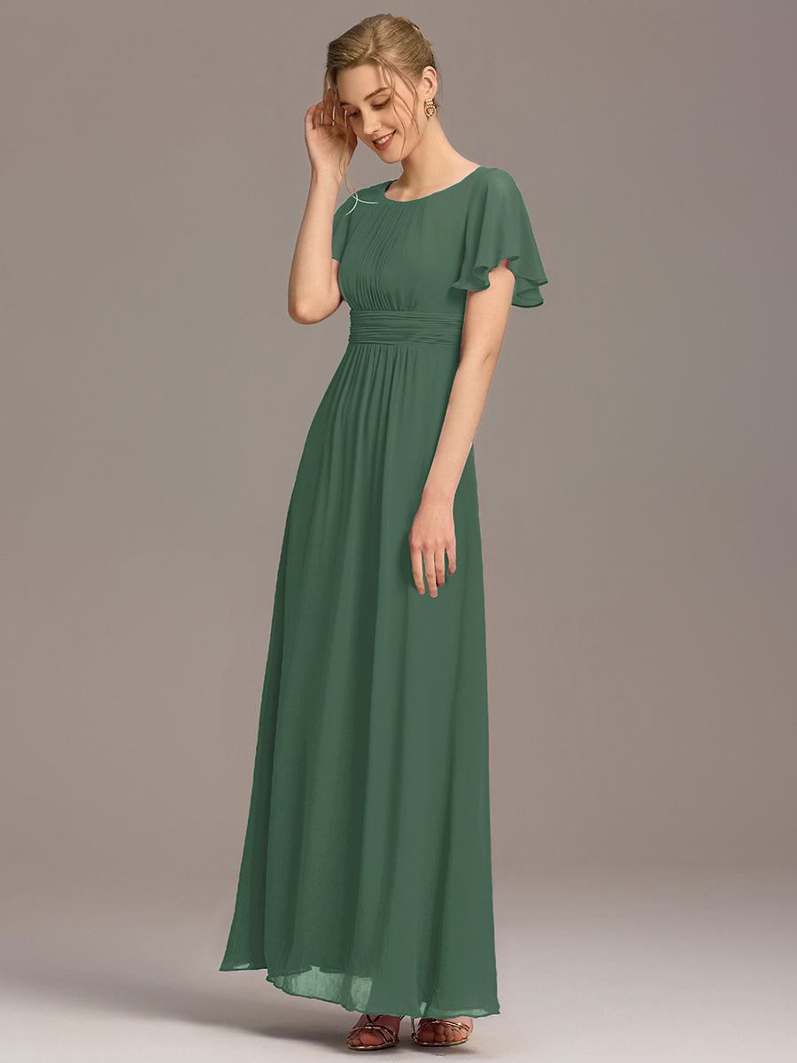 Bodenlanger A-Linien Chiffonkleid Mit Falten Und Rüschen Details Rundhals #Farbe_Eukalyptus