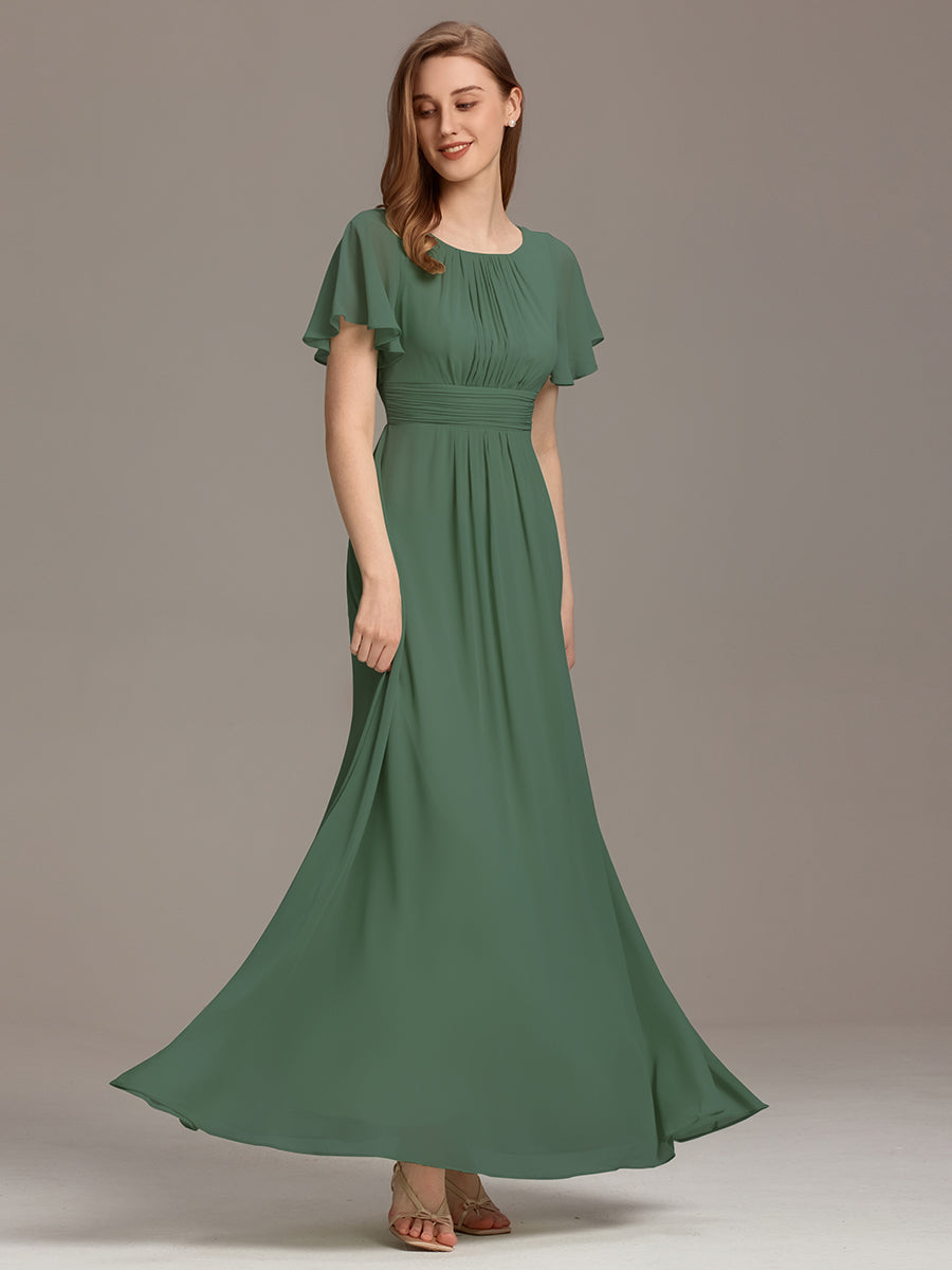 Bodenlanger A-Linien Chiffonkleid Mit Falten Und Rüschen Details Rundhals #Farbe_Eukalyptus