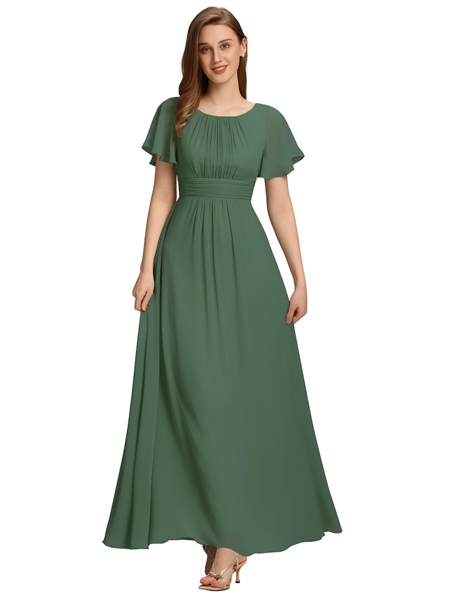 Bodenlanger A-Linien Chiffonkleid Mit Falten Und Rüschen Details Rundhals #Farbe_Eukalyptus