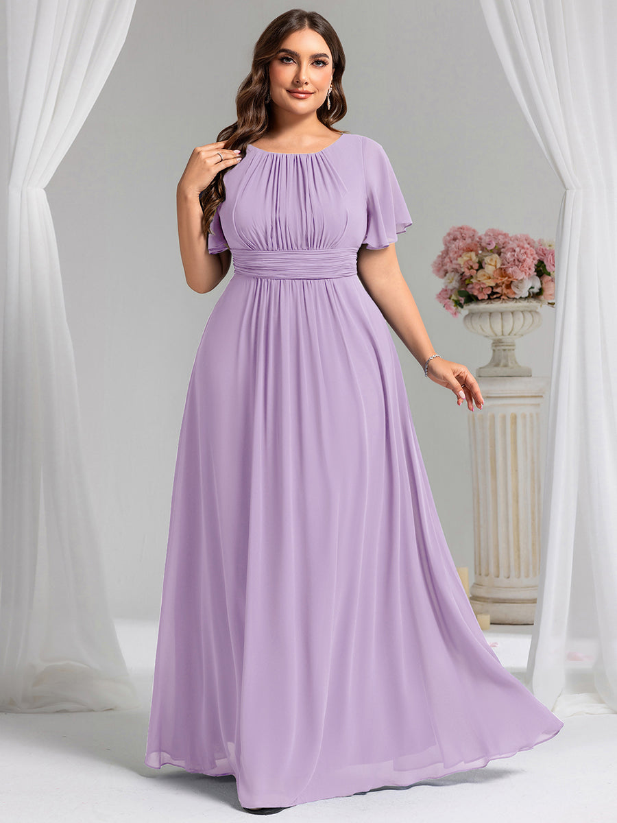 Bodenlanger A-Linien Chiffonkleid Mit Falten Und Rüschen Details Rundhals #Farbe_Mattflieder