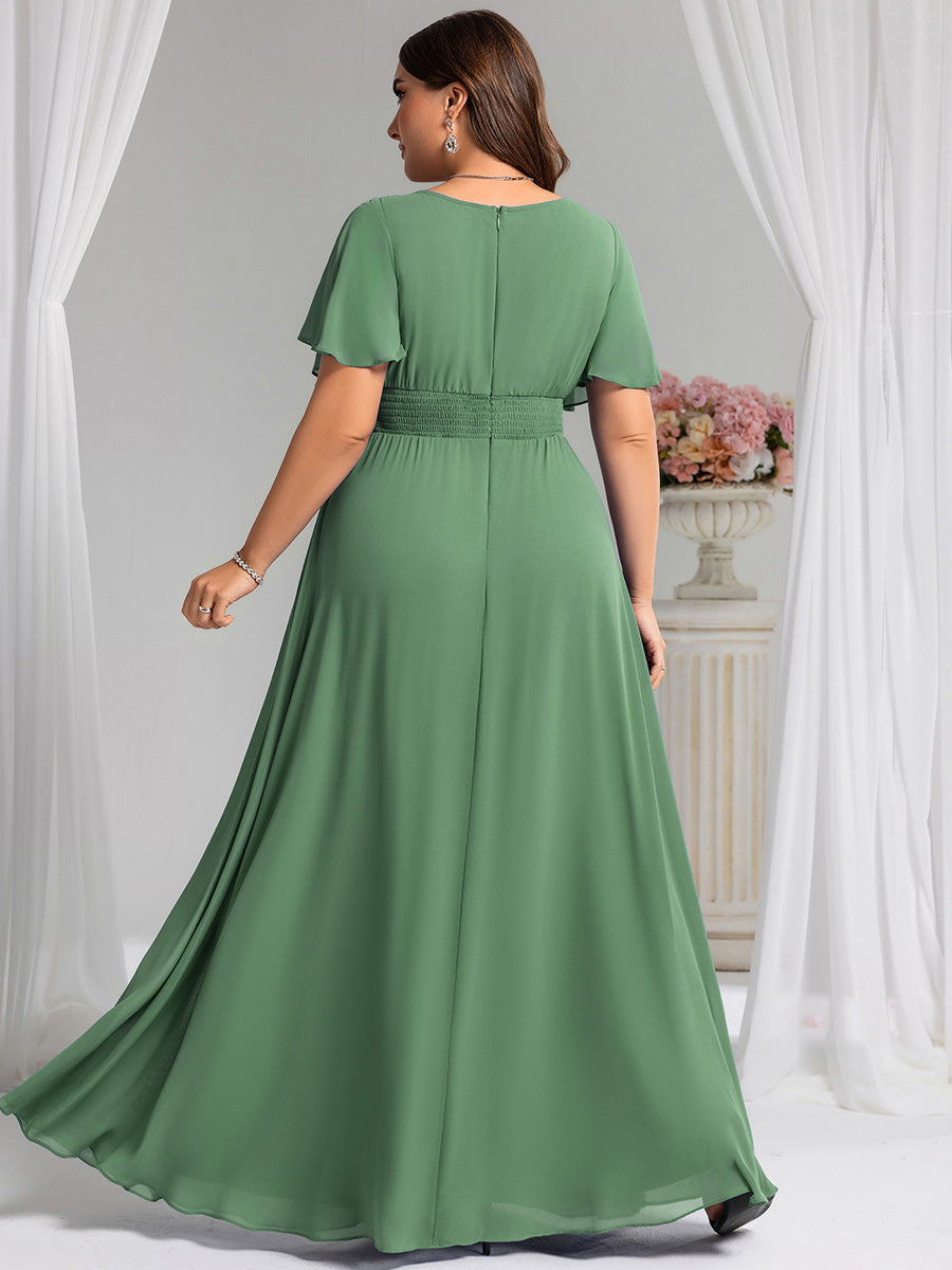 Bodenlanger A-Linien Chiffonkleid Mit Falten Und Rüschen Details Rundhals #Farbe_Khakigrün