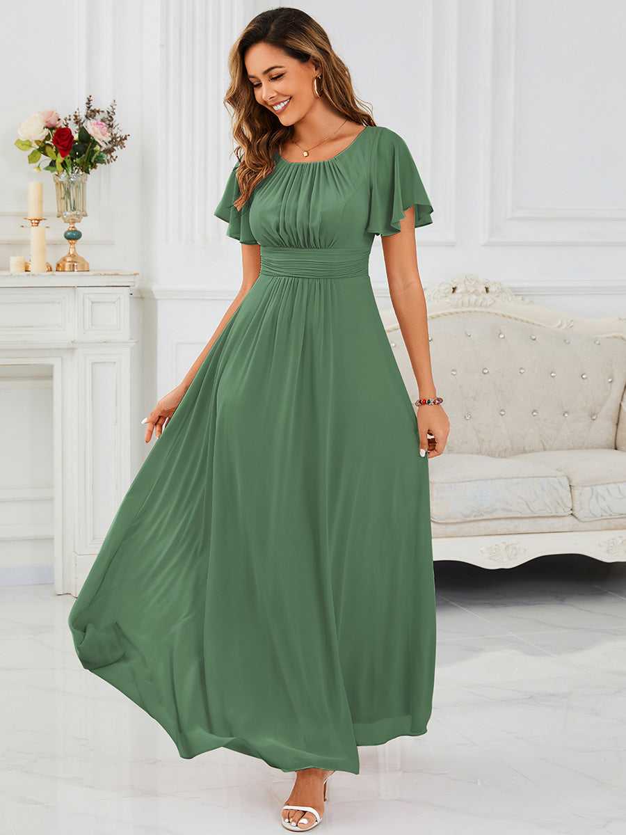 Bodenlanger A-Linien Chiffonkleid Mit Falten Und Rüschen Details Rundhals #Farbe_Khakigrün