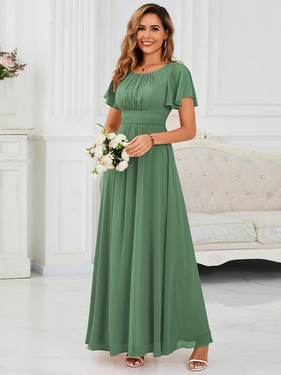 Bodenlanger A-Linien Chiffonkleid Mit Falten Und Rüschen Details Rundhals #Farbe_Khakigrün
