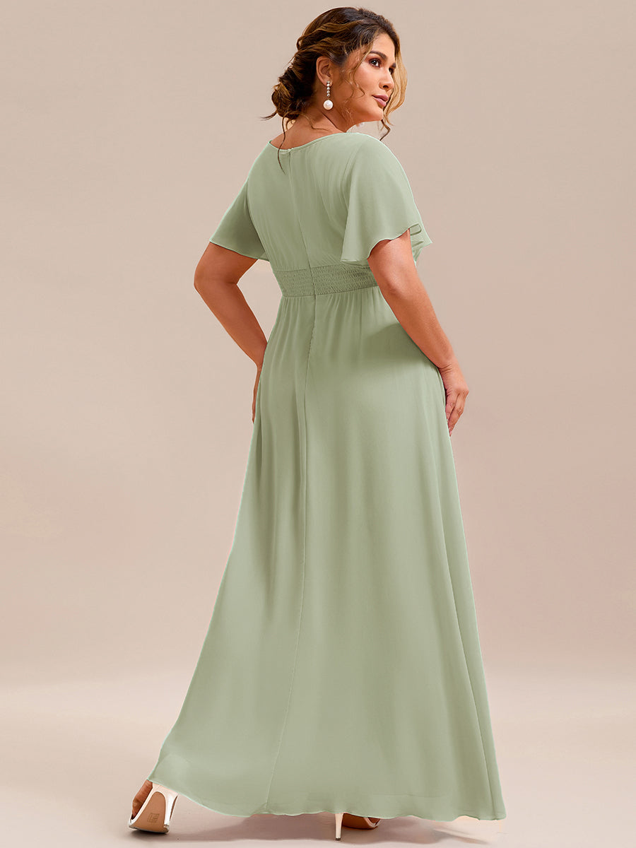 Bodenlanger A-Linien Chiffonkleid Mit Falten Und Rüschen Details Rundhals #Farbe_Mintgrün