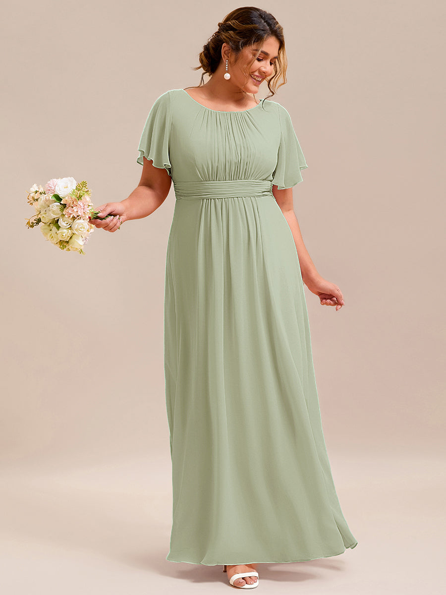 Bodenlanger A-Linien Chiffonkleid Mit Falten Und Rüschen Details Rundhals #Farbe_Mintgrün