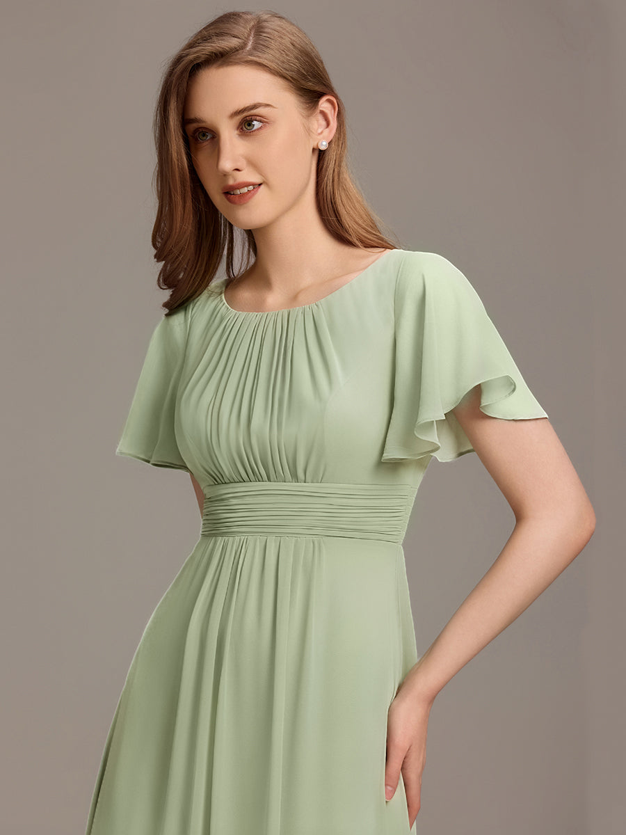 Bodenlanger A-Linien Chiffonkleid Mit Falten Und Rüschen Details Rundhals #Farbe_Mintgrün