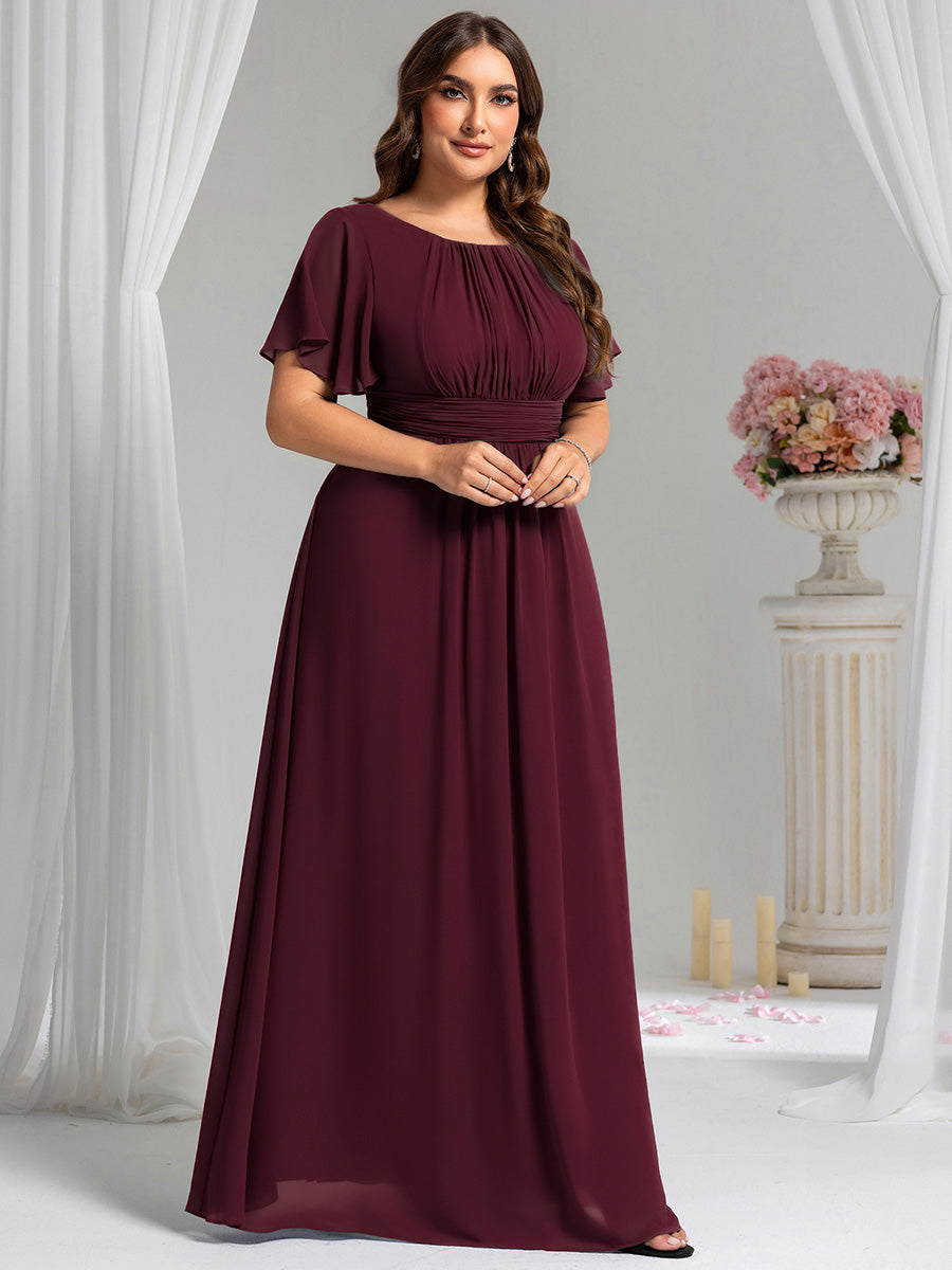Bodenlanger A-Linien Chiffonkleid Mit Falten Und Rüschen Details Rundhals #Farbe_Maulbeerrot