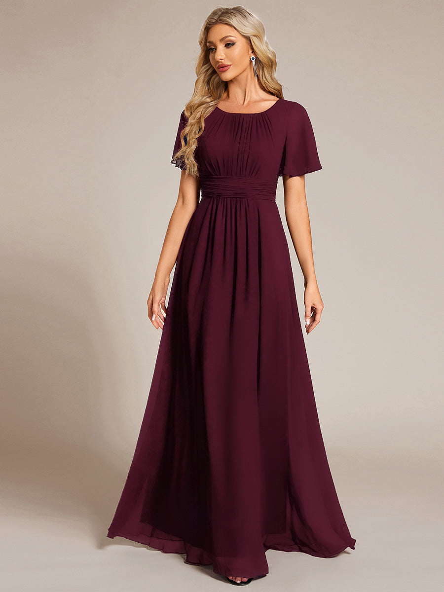 Bodenlanger A-Linien Chiffonkleid Mit Falten Und Rüschen Details Rundhals #Farbe_Maulbeerrot