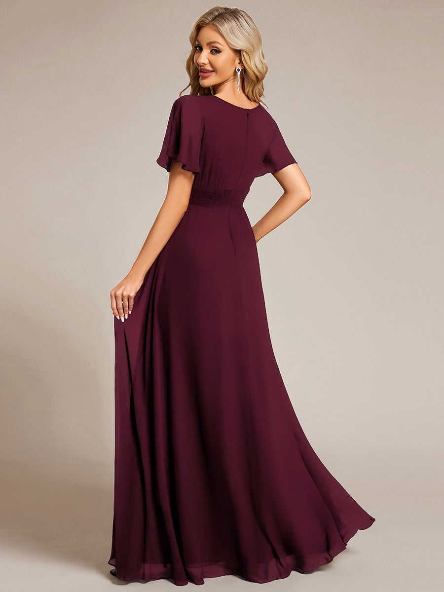 Bodenlanger A-Linien Chiffonkleid Mit Falten Und Rüschen Details Rundhals #Farbe_Maulbeerrot