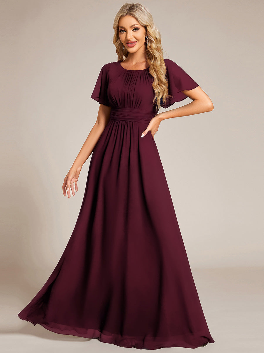 Bodenlanger A-Linien Chiffonkleid Mit Falten Und Rüschen Details Rundhals #Farbe_Maulbeerrot