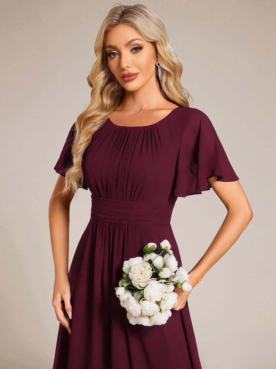 Bodenlanger A-Linien Chiffonkleid Mit Falten Und Rüschen Details Rundhals #Farbe_Maulbeerrot