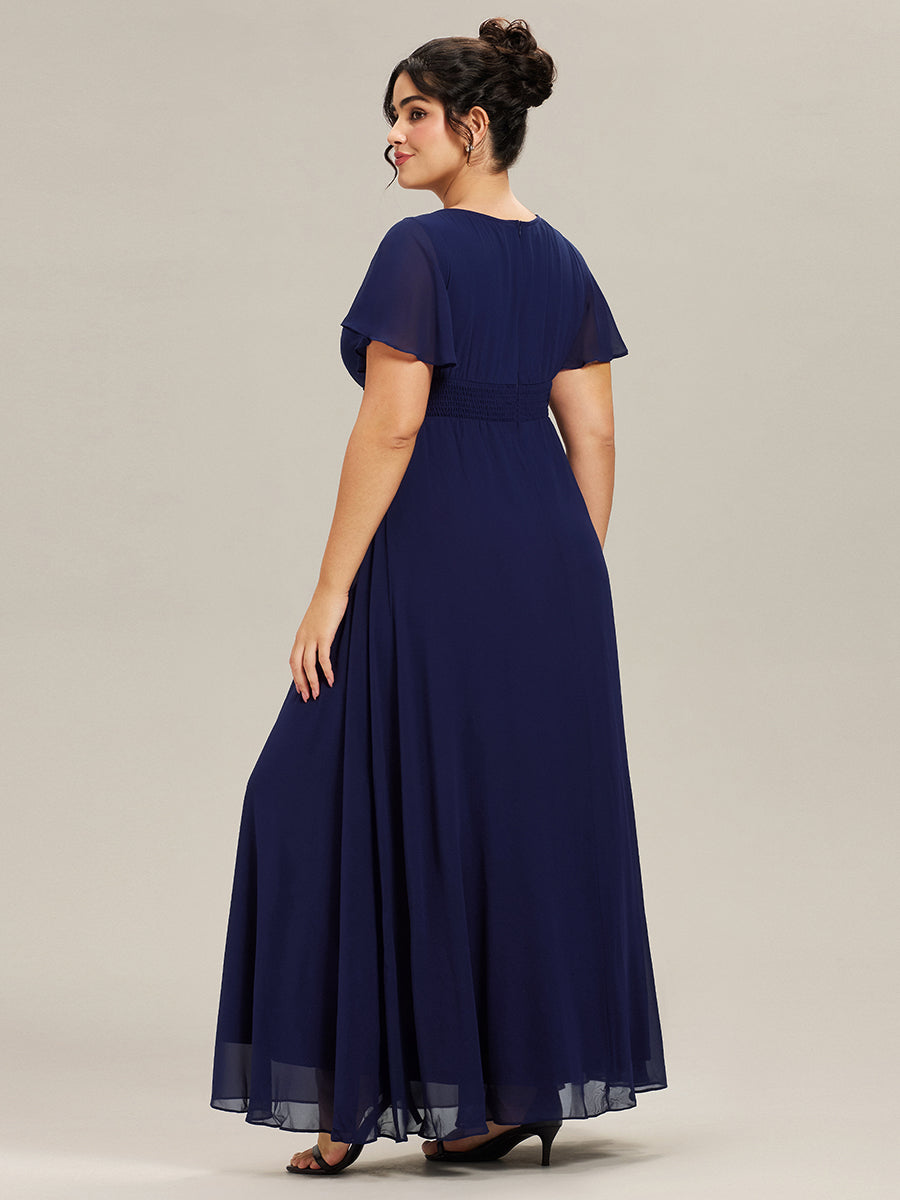 Bodenlanger A-Linien Chiffonkleid Mit Falten Und Rüschen Details Rundhals #Farbe_Marineblau