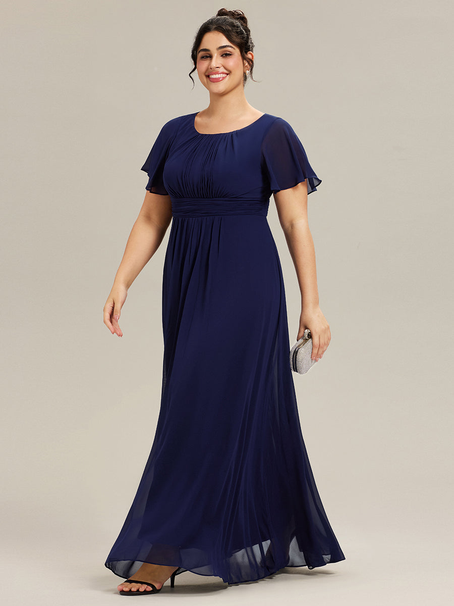 Bodenlanger A-Linien Chiffonkleid Mit Falten Und Rüschen Details Rundhals #Farbe_Marineblau