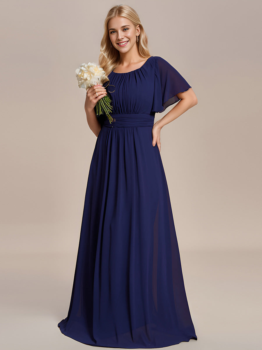Bodenlanger A-Linien Chiffonkleid Mit Falten Und Rüschen Details Rundhals #Farbe_Marineblau