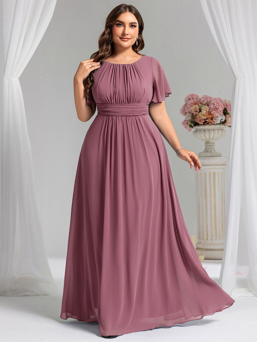 Bodenlanger A-Linien Chiffonkleid Mit Falten Und Rüschen Details Rundhals #Farbe_Orchideenviolett