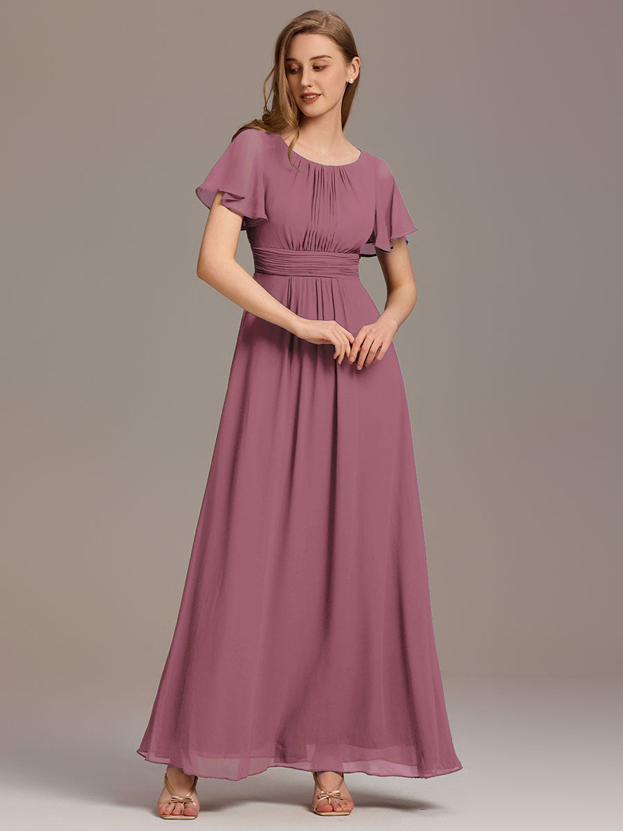 Bodenlanger A-Linien Chiffonkleid Mit Falten Und Rüschen Details Rundhals #Farbe_Orchideenviolett