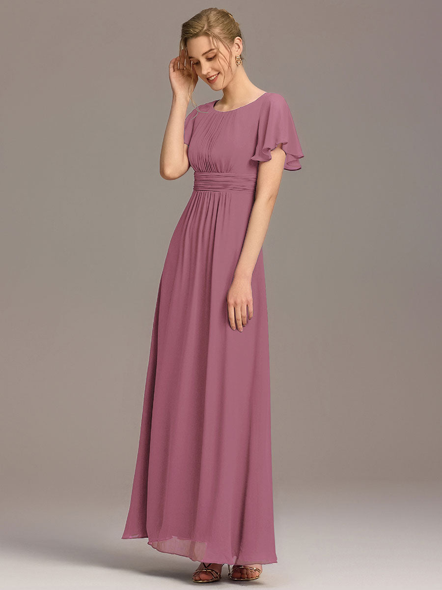 Bodenlanger A-Linien Chiffonkleid Mit Falten Und Rüschen Details Rundhals #Farbe_Orchideenviolett