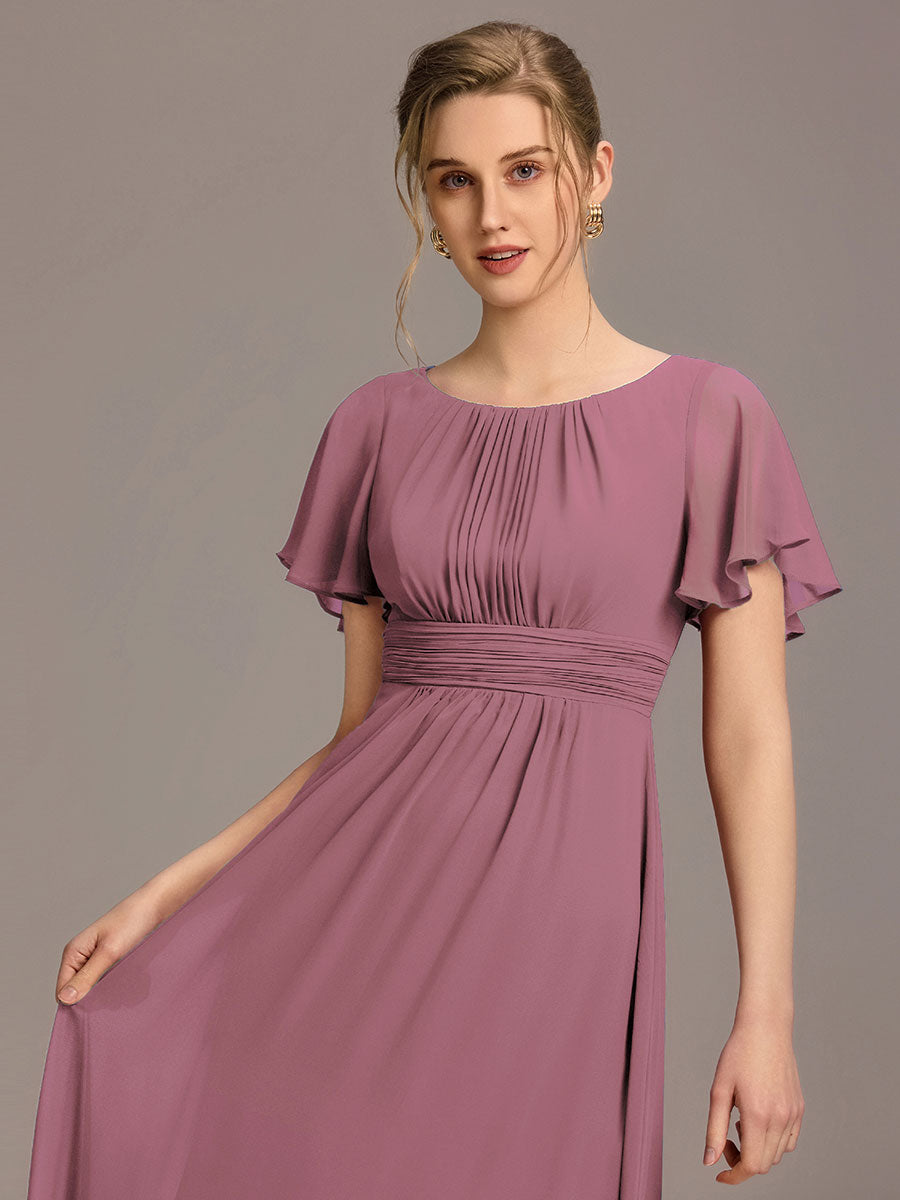 Bodenlanger A-Linien Chiffonkleid Mit Falten Und Rüschen Details Rundhals #Farbe_Orchideenviolett