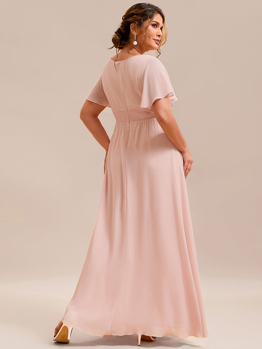 Bodenlanger A-Linien Chiffonkleid Mit Falten Und Rüschen Details Rundhals #Farbe_Rosa