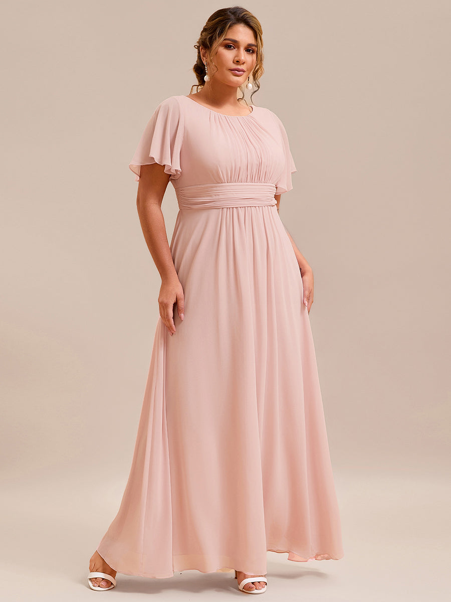 Bodenlanger A-Linien Chiffonkleid Mit Falten Und Rüschen Details Rundhals #Farbe_Rosa