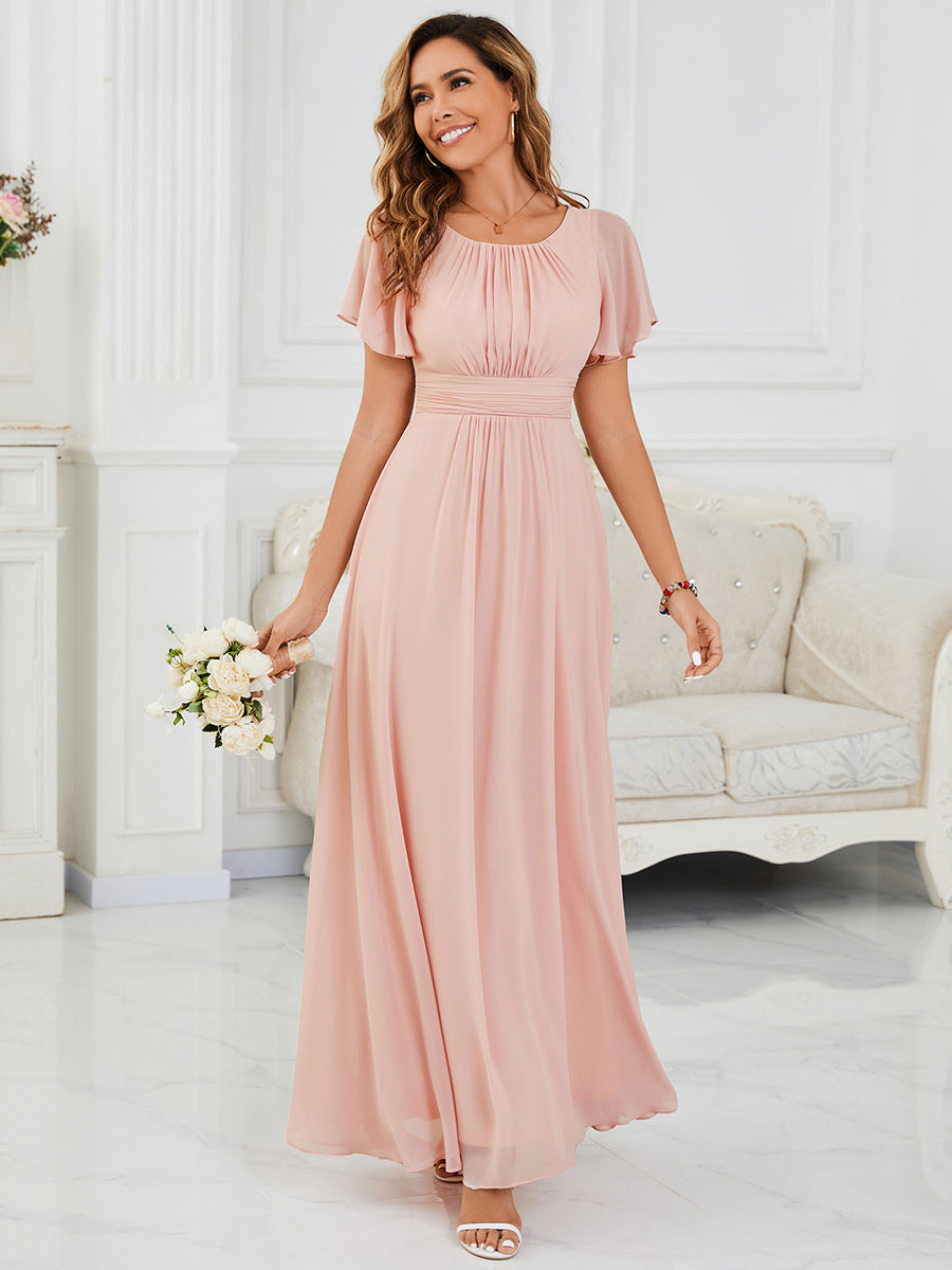 Bodenlanger A-Linien Chiffonkleid Mit Falten Und Rüschen Details Rundhals #Farbe_Rosa