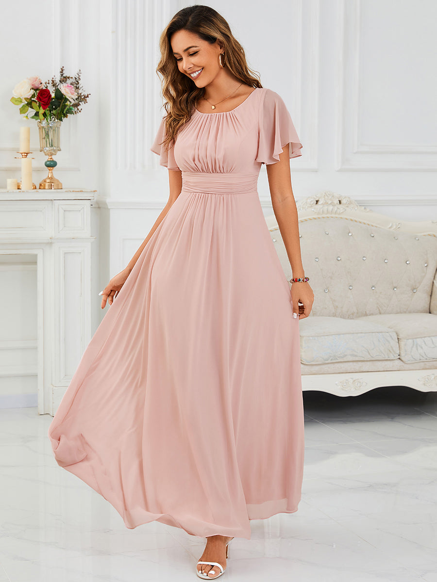 Bodenlanger A-Linien Chiffonkleid Mit Falten Und Rüschen Details Rundhals #Farbe_Rosa